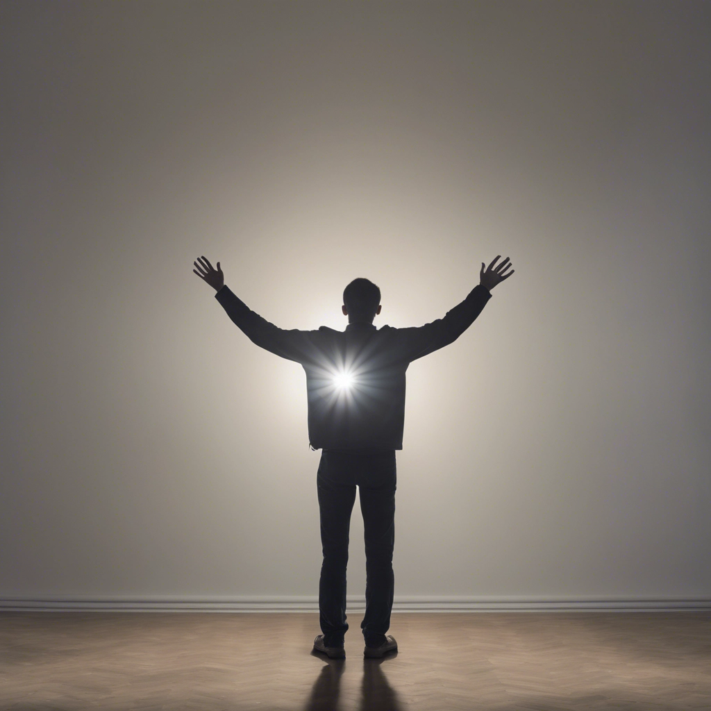 Human standing on stage with arms outstretched, light is shining around them and out of their heart