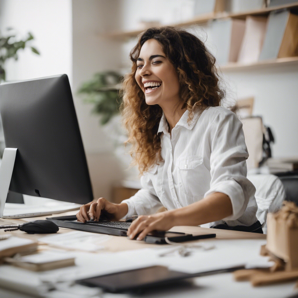 Woman in office looking happy and fulfilled